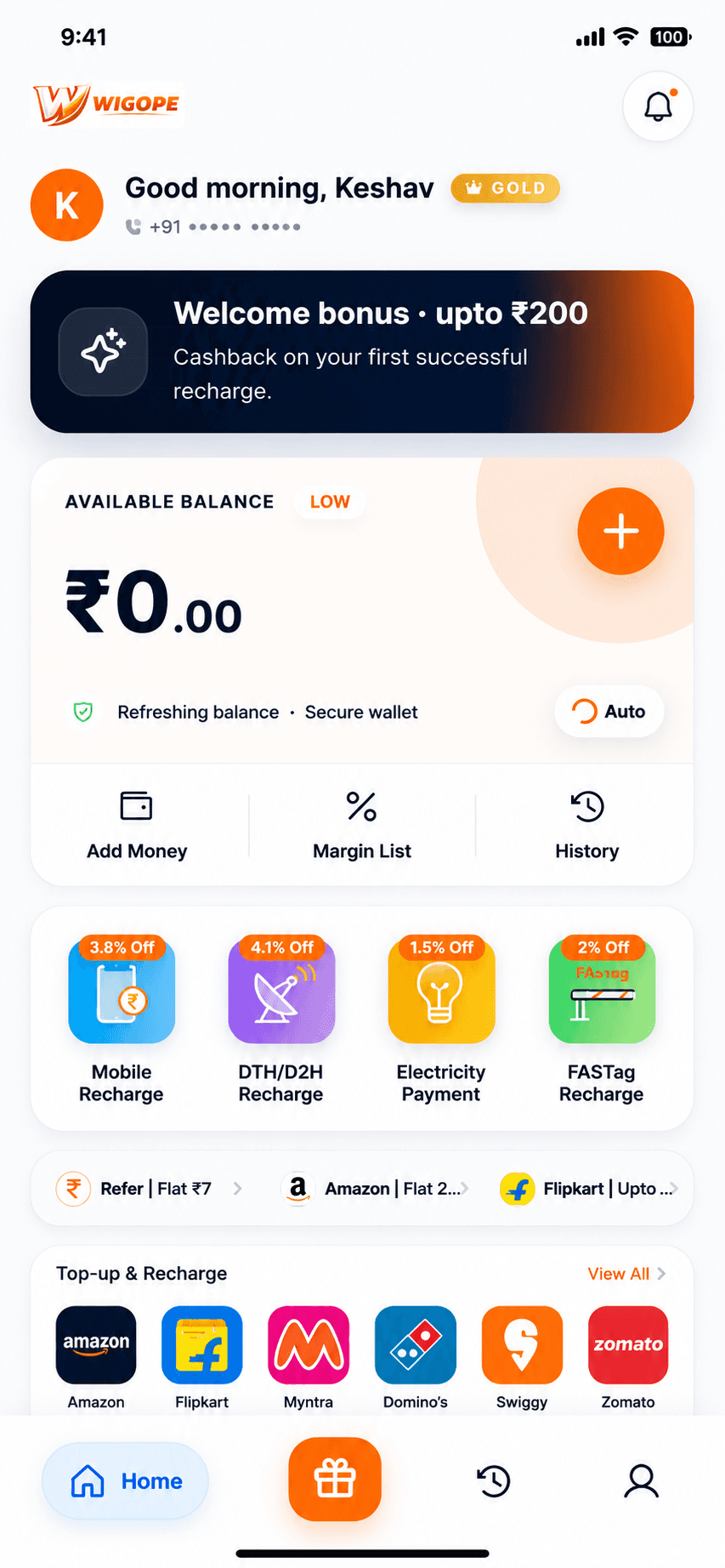 Wigope app screen showing Mobile and rewards dashboard